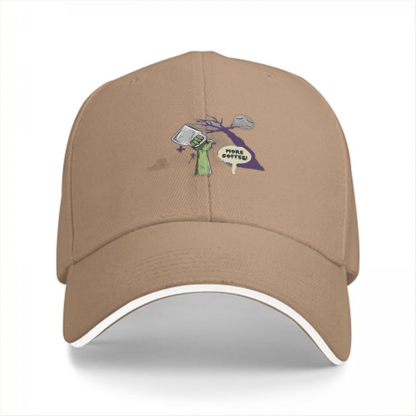 Black baseball cap with 'More Coffee!' monster graphic print