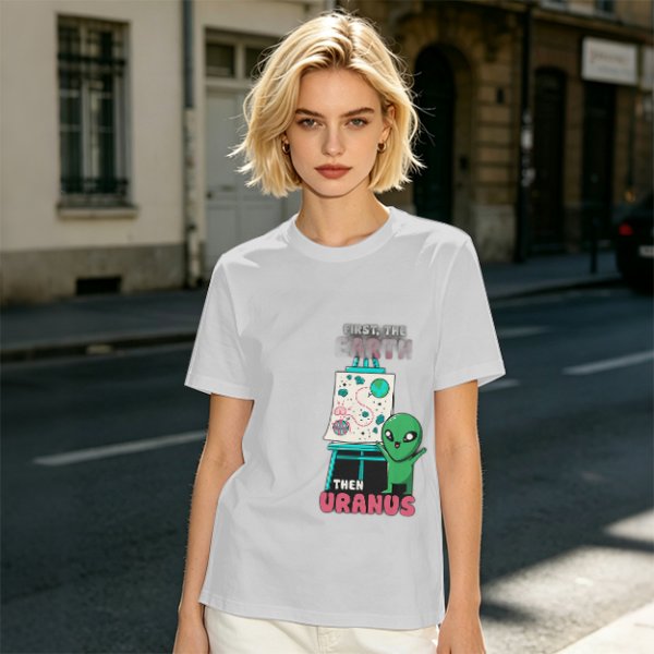 Olive green graphic tee with alien painting 'First the Earth Then Uranus'