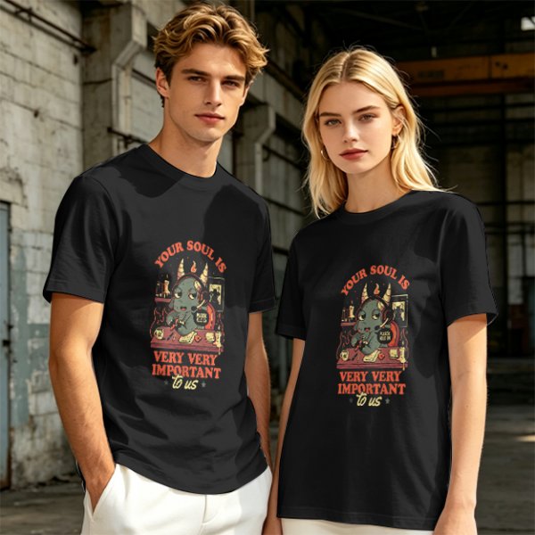 Olive t-shirt with devil call center graphic and 'Your Soul Is Very Important To Us' text