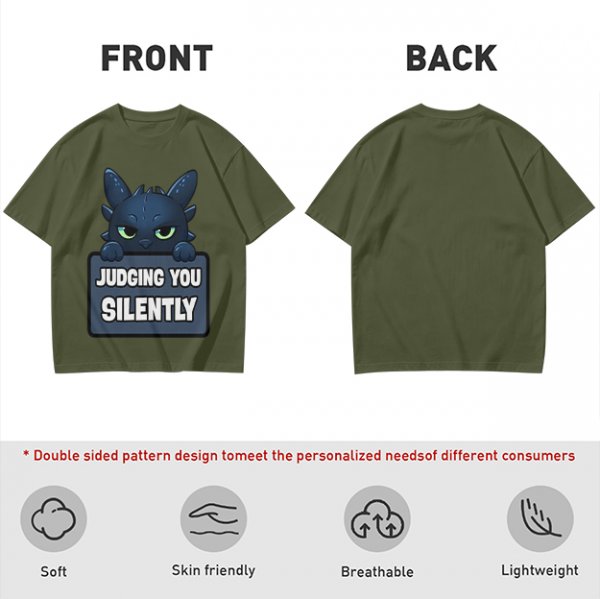 Olive t-shirt featuring Toothless the dragon judging you silently