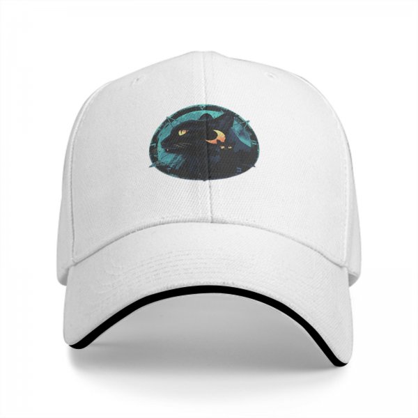 Black Baseball Cap With Mystical Black Cat And Crescent Moon Art