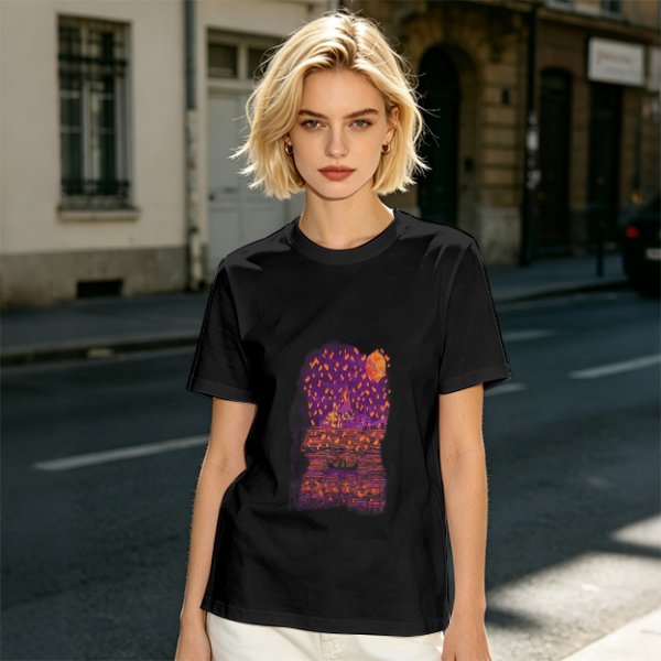 Olive T-Shirt with Purple Sunset Boat Scene Graphic