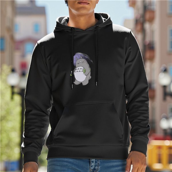 Black hoodie with Totoro holding umbrella graphic