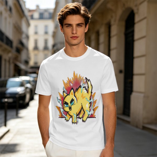 Olive T-Shirt With Super Saiyan Style Electric Cat Graphic