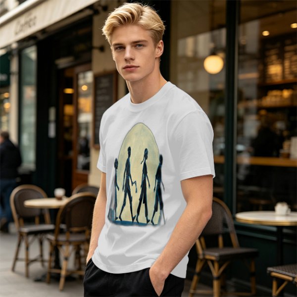 Olive T-shirt with Walking Silhouettes Under a Large Moon