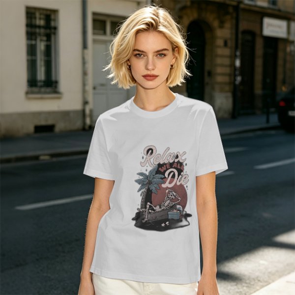 Olive graphic t-shirt with skeleton relaxing on coffin and 'Relax We All Die' text