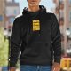 Black hoodie with yellow graphic print of stylized character panels