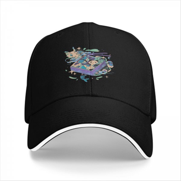 Black Baseball Cap With Whimsical Sushi Cat Bento Box Art