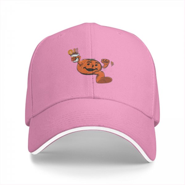 Black baseball cap with dancing pumpkin holding a fall drink design