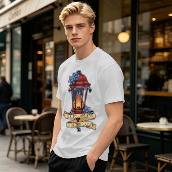 Olive t-shirt with lantern flame graphic and 'I'll follow you into the dark' text