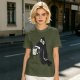 Olive Green T-Shirt With Cartoon Crow Holding Coffee Mug Print
