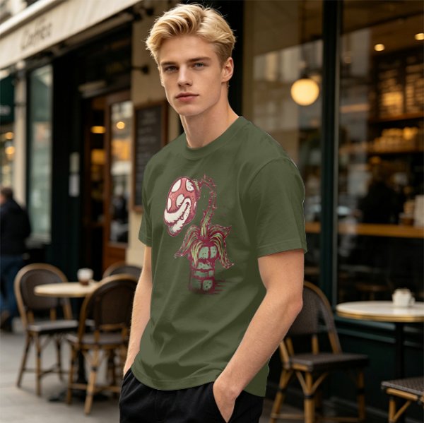 Olive Green T-Shirt With Piranha Plant Graphic Print