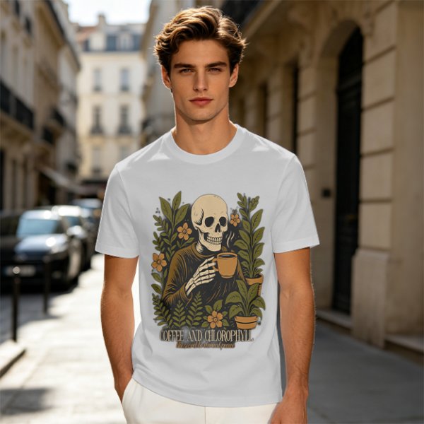 Skeleton with Coffee and Plants T-Shirt Graphic