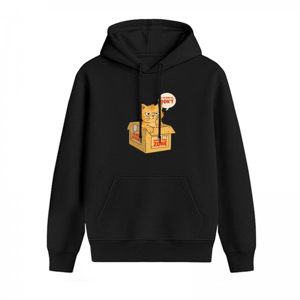 Black hoodie with grumpy orange cat in cardboard box funny print