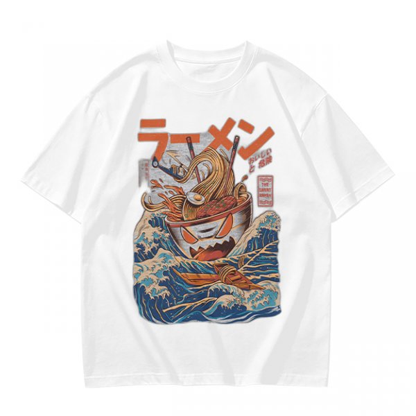 Olive T-Shirt With Great Wave Inspired Monster Ramen Bowl Art