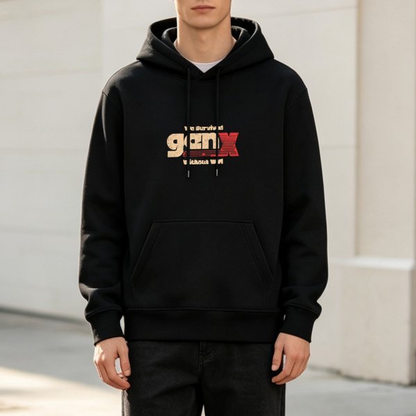 Gen X Themed Black Hoodie with Retro Graphic Print