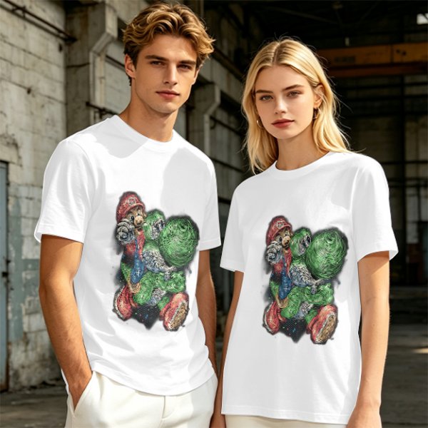 Olive T-shirt with Mario and Yoshi artistic graphic print