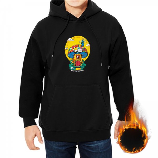 Black Hoodie With Colorful Mushroom House Graphic Print