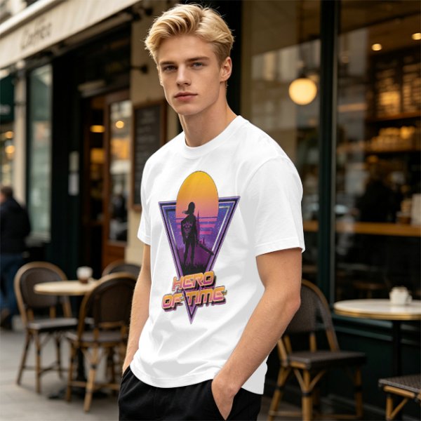 Olive green retro sunset graphic t-shirt with Hero of Time print
