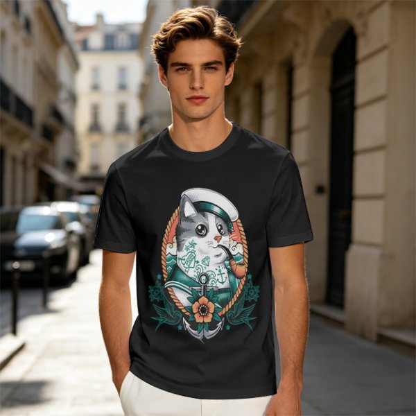 Olive T-Shirt With Sailor Cat Tattooed Pipe Design