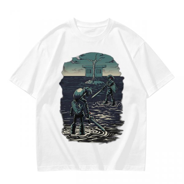Olive T-shirt with two warriors standing in water holding swords