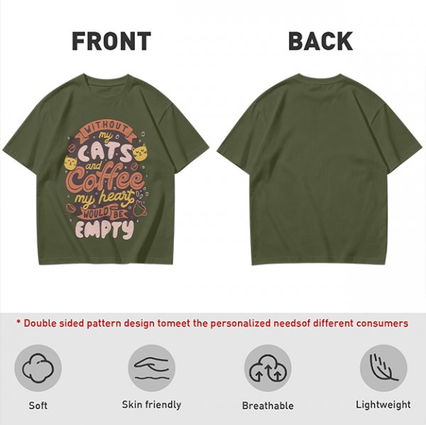 Olive graphic t-shirt with cats and coffee heart quote
