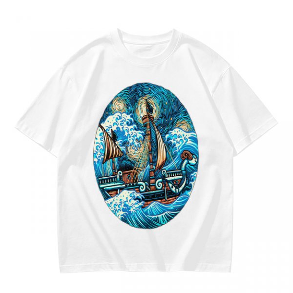 Olive T-Shirt With Starry Night Style Sailing Ship Ocean Art