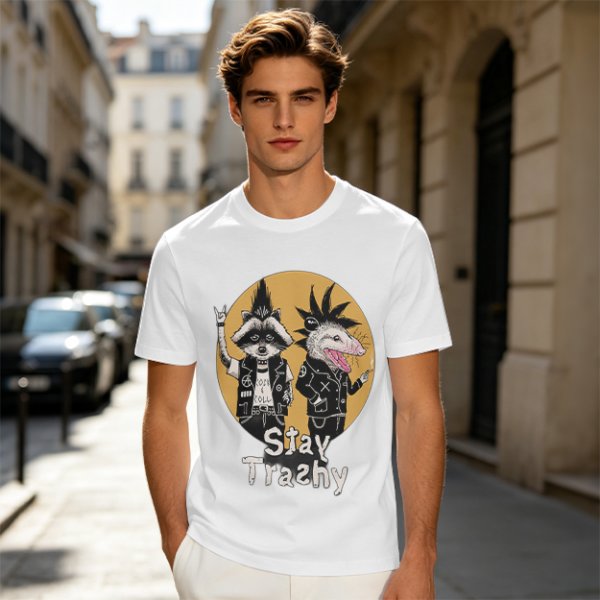 Olive graphic tee with punk raccoon and opossum 'Stay Trashy' print