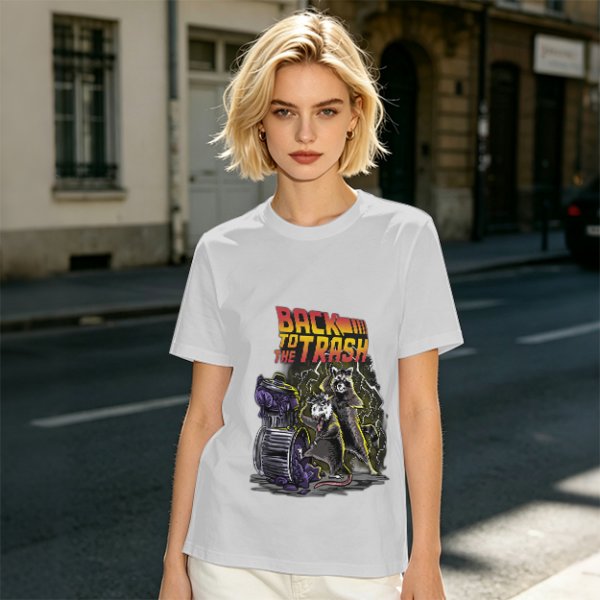 Olive graphic t-shirt with Back to the Trash raccoon design
