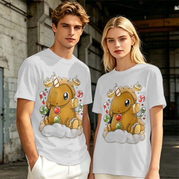 Olive T-Shirt With Cute Gingerbread Unicorn And Christmas Candy Print