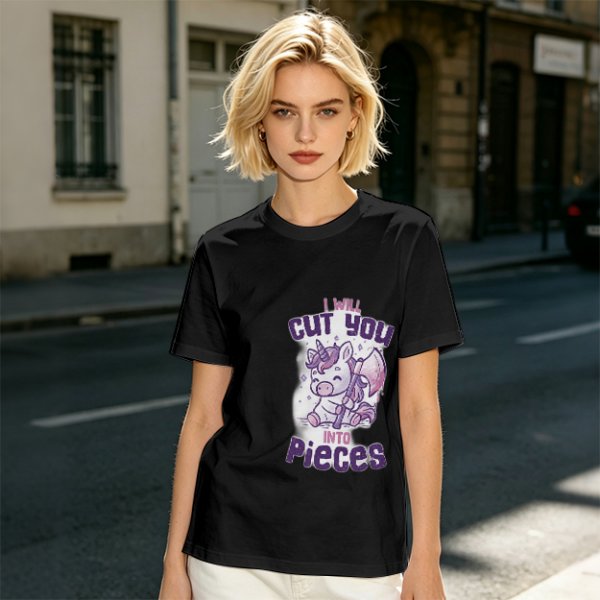 Olive t-shirt with a cute unicorn holding an axe and the text I will cut you into pieces
