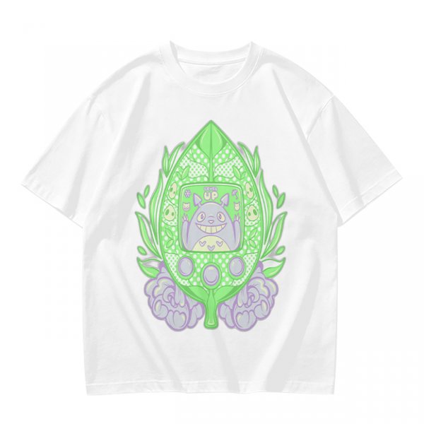 Olive Green T-Shirt With Leaf Shaped Tamagotchi Totoro Print