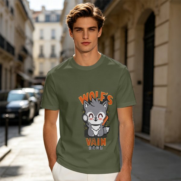 Olive t-shirt with cute wolf vanity graphic and playful text