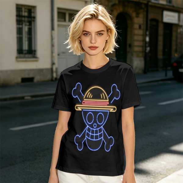 Olive T-Shirt with Neon Style Straw Hat Pirate Skull Print