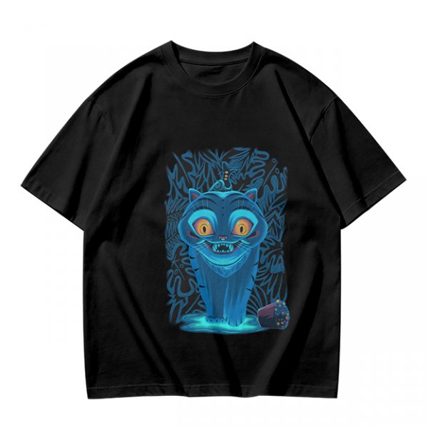 Olive T-shirt with Glowing Blue Cheshire Cat Graphic