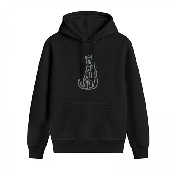 Black Hoodie With Cat Shaped Curiosity Text Graphic