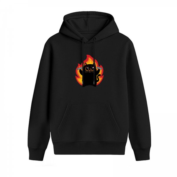 Black hoodie with a cartoon black cat surrounded by flames