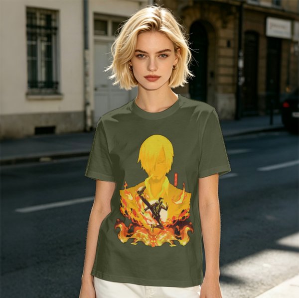 One Piece Sanji Fire Kick Graphic Olive T-Shirt