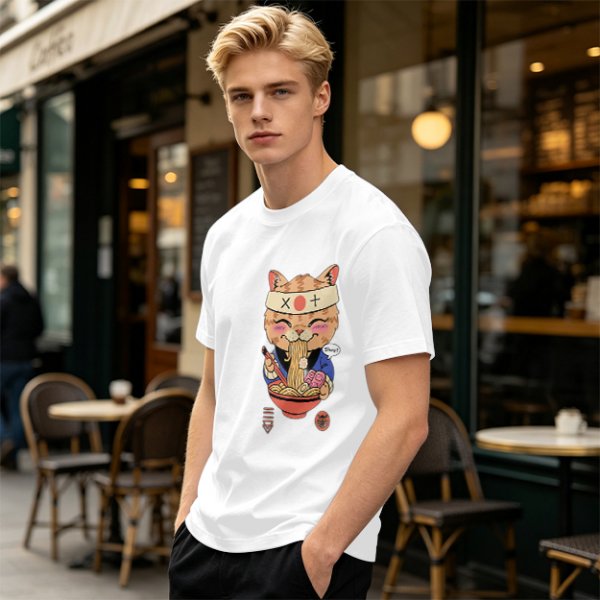 Olive green t-shirt with a cute cat eating ramen graphic