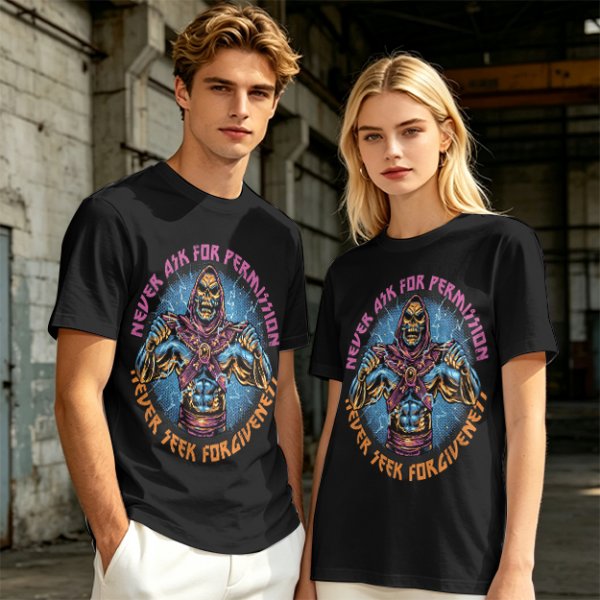 Olive t-shirt with skeleton warrior graphic and permission forgiveness text