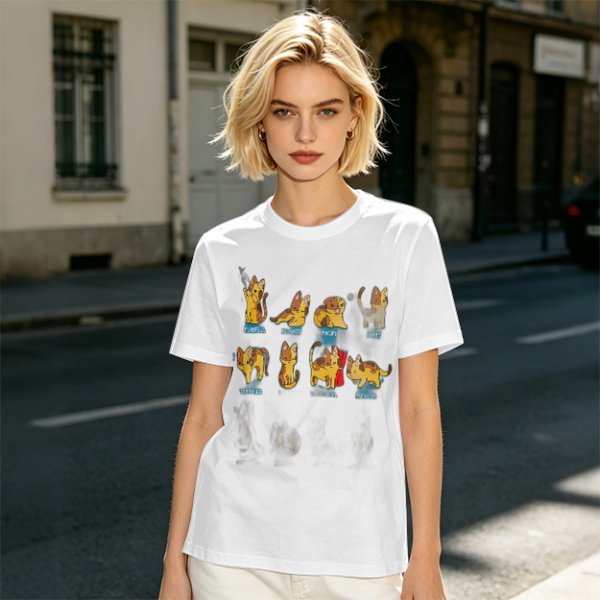 Olive Green T-Shirt With Cute Cartoon Cat Illustrations