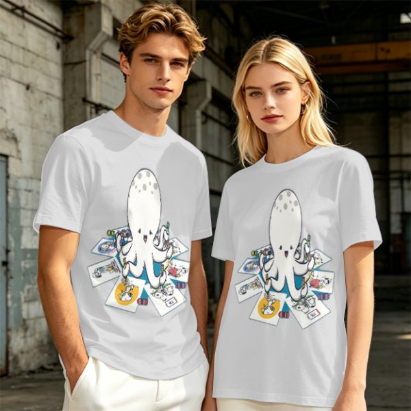 Olive T-Shirt With Cute Octopus Drawing Artwork Print