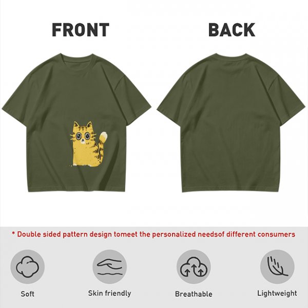 Olive Green T-Shirt With Surprised Yellow Tabby Cat Graphic