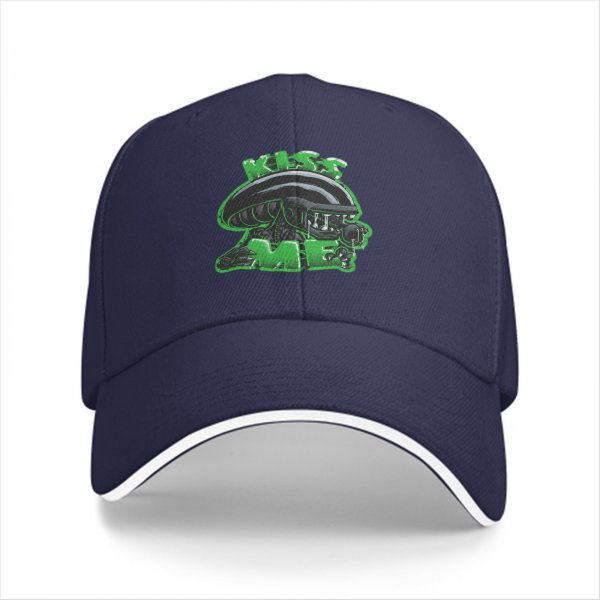 Black baseball cap with alien graphic and 'Kiss Me' text