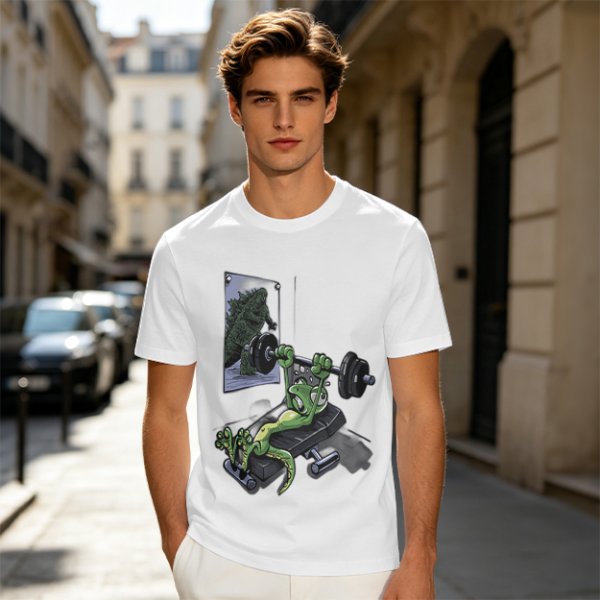 Olive T-shirt with cartoon lizard bench pressing weights in gym mirror