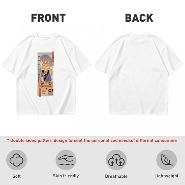 Olive T-Shirt with Japanese Style Sushi Chef Cat Print