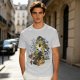 Olive Green T-Shirt With Mystical Cat Silhouette Graphic Print