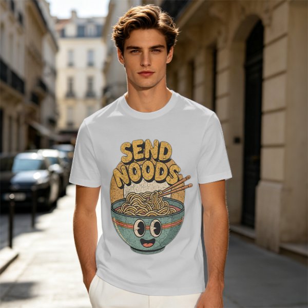 Olive Green T-Shirt With Retro Send Noods Ramen Bowl Graphic