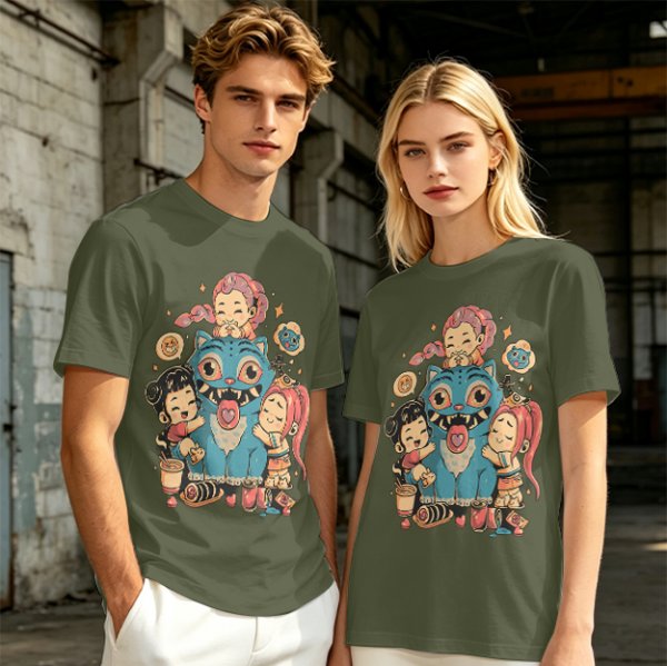 Olive T-Shirt With Cute Chibi Monster And Girls Graphic Print