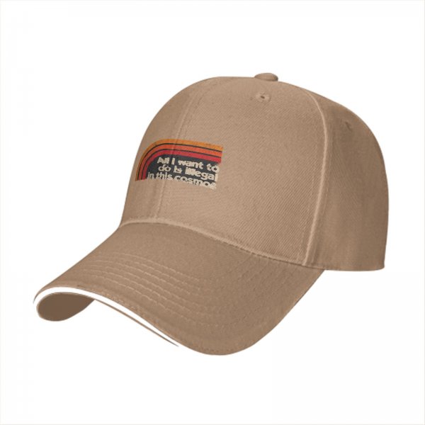 Black baseball cap with retro rainbow and 'All I want to do is illegal in this cosmos' text
